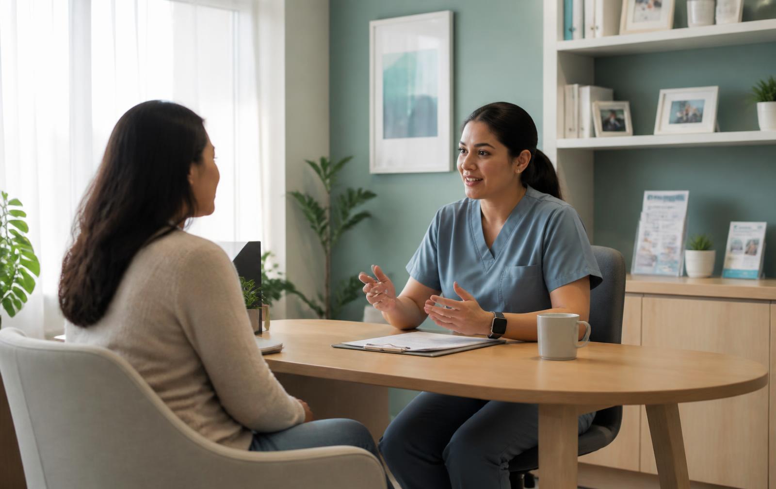 A Novacare clinician talking with a patient in a bright consultation room